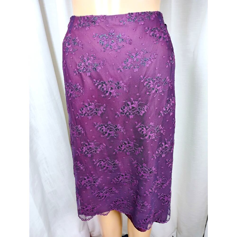 Saks Fifth Ave Folio Womens Plum Lace Overlay Pencil Midi Skirt Fits XL